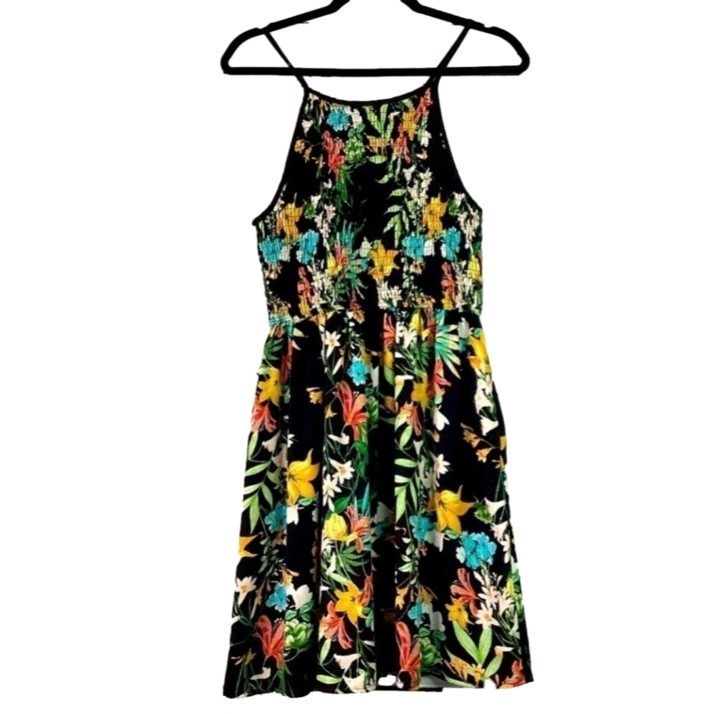 XHILARATION SIZE M BLACK TROPICAL MULTICOLOR SLEEVELESS‎ FLORAL SUMMER DRESS GUC